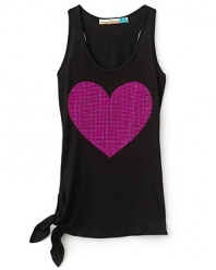 The tank top receives a glamorous update with a large sequin heart front and center and a gathered hem that ties at the side.