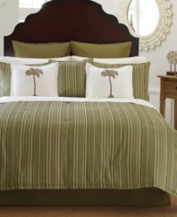 Set sail to an exotic haven with this Portside comforter set from Tommy Bahama, featuring large olive green railroad stripes. Reverses to medium railroad stripes.