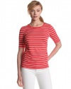 Vince Camuto Women's Elbow Sleeve Rouched Scoop Neck Stripe Top