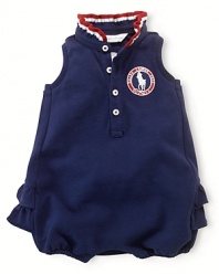 A red, white and blue design finished with USA patching, cute ruffles and embroidered emblems gives a preppy all-American look to an adorable bubble celebrating Team USA's participation in the 2012 Olympics.