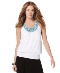 Summery turquoise beads adorn INC's chic top. No need for a necklace with this stunner!