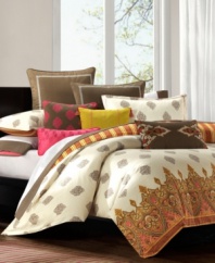 Adorn your Raja bed from Echo with this decorative pillow, featuring a pink embroidered medallion motif on a brown background.