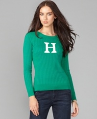 A monogram-style H logo lends a preppy touch to this Tommy Hilfiger sweater. Layer it with a blazer and jeans for classic look!