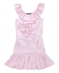 A comfortable drop-waist dress in a soft cotton blend is finished with ruffles for a preppy look.