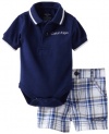 Calvin Klein Baby-boys Newborn Navy Polo Bodysuit with Plaided Shorts