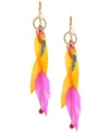 Birds of a feather. Betsey Johnson infuses every look with colorful vivacity and a hint of exotic energy. Earrings feature orange and fuchsia feathers with a crystal-accented parrot charm. Hoop setting and backing crafted in antique gold-plated mixed metal. Approximate drop: 6 inches.