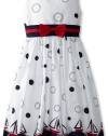 Jayne Copeland Girls 7-16 Sailboat Border Print Dress With Bow, White, 8
