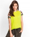 GUESS Geometric Embellished-Sleeve Top, LIME POP (SMALL)