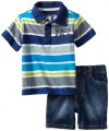 Kenneth Cole Baby-Boys Infant Stripe Polo Top With Denim Short, Blue, 24 Months