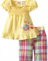 Young Hearts 2 Pieced Flower Sash Pullover And Plaid Short Set, Yellow, 4 Toddler