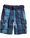 GUESS Kids Boys Little Boy Marcus Belted Plaid Cargo Sho, NAVY (3T)