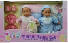 MY LITTLE SWEET HEART TWIN 13 INCH DOLLS SET, BOY AND GIRL WITH EXTRA 2 OUTFITS 2 PILLOWS 2 BOTTLES 2 DISHES SETS AND 2 BIBS