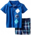 Nannette Baby-boys Infant 2 Piece Knit Shirt and Woven Short Set, Blue, 18 Months