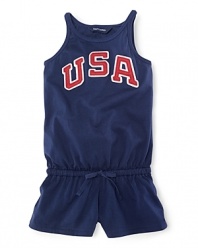 A red, white and blue design with U.S.A. patching gives a preppy, all-American look to a pretty warm-weather romper in celebration of Team USA's participation in the 2012 Olympics.