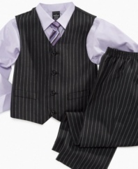 Punch up the dress code with pinstripes on this dashing shirt, vest and pant set with matching tie from Sean John.