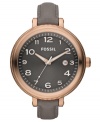 An extra large dial and slim leather strap complement the cool grays and warm roses on this Bridgette collection watch by Fossil.