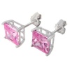 Stud Earrings Authentic Princess Cut Pink Sapphire Color Cubic Zirconia 2.00 Carats Total Weight Comes in a Gift Box & Special Pouch