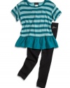 GUESS Kids Girls Little Girl Striped Peplum Top and Leggi, TEAL (4)