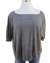 Eileen Fisher Moon Gray Wide Neck Short Sleeve Linen Jersey Mini-Stripe Shirt Top