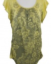 Vanilla Sugar Ruffled Short Sleeve, Cotton Print, Boat Neck, Rhinestone Accents on a Yellow Colored Floral Patterned Top - Vero
