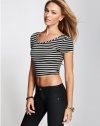 GUESS Women's Striped Simple Crop Top, JET BLACK/TRUE WHITE (SMALL)