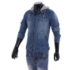 Allegra K Man Stand Collar Long Sleeve Detachable Hood Design Zip-Up Denim Jacket