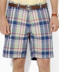 Ralph Lauren's reversible madras short offers the perfect option for ultimate preppy style with a classic navy chino short on one side and a vibrant madras pattern on the other.