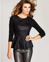 GUESS Women's Long-Sleeve Snake-Embossed Faux-Leather Top, JET BLACK (MEDIUM)