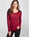 GUESS Women's Long-Sleeve Faux-Leather Contrast Top, RED WINE (SMALL)