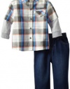 Kids Headquarters Baby-boys Infant Rock and Roll Plaid Twofer Hooded Shirt with Jeans, Gray, 12 Months