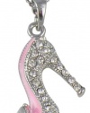 Sexy Silver Plated Stiletto High Heel Shoe with Sparkling Crystal Accents and Pink Enamel Pendant and Necklace