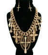 New Gold Metal Dangle Cross Charm 19 Inches Thick Cuban Link Chain Necklace and Dangle Earrings Set
