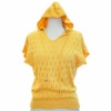 Yellow Short Sleeve Hooded Open Knit V-Neck Sweater
