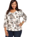 Snag stylish weekend wear with Karen Scott's three-quarter-sleeve plus size top-- pair it with your favorite casual bottoms.