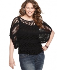 Add a racy layer to your look with One 7 Six's three-quarter sleeve plus size top, crafted from an open knit.
