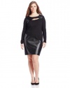DKNYC Women's Plus-Size Long Sleeve Dress Faux Leather and Faux Suede Piecing