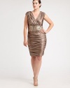 You will shimmer and shine in this metallic jersey dress with eye-catching sequins adorning the waist. Its ruched skirt will complement your curves flawlessly. V-necklineSleevelessSequin-embellished waistConcealed back zipper Fully linedAbout 26 from natural hem92% polyester/8% spandexDry cleanImported