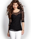 GUESS Women's Long-Sleeve Dotted Mesh Scoop-Back Top, JET BLACK (XS)
