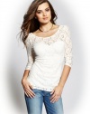 GUESS Women's Three-Quarter-Sleeve Lace Scoop-Back Top, SCUFFY (SMALL)