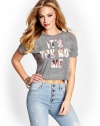 GUESS Women's Cold Shoulder It's You Not Me Short-Sleeve Crop Top, GREY MULTI (SMALL)