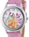 Disney Kids' W000408 Disney Tween Glitz Princess Stainless Steel Pink Glitter Leather Strap Watch