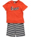 GUESS Kids Baby Boy Short-Sleeve T-Shirt and Striped Shorts Set (12-24m), ORANGE (18M)