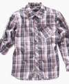 DKNY Boys Button Up Plaid Shirt Red/Blue (Large)
