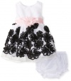 Rare Editions Baby Baby-Girls Newborn White Black Soutach Border Print Dress, White/Black, 9 Months