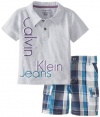 Calvin Klein Baby-Boys Infant Polo with Plaided Cargo Short, Gray, 12 Months