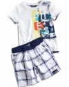 GUESS Kids Baby Boy Short-Sleeve Logo Tee and Plaid Shorts Set (12-24m), WHITE (24M)
