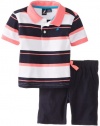 Nautica Baby-Boys Infant Striped Polo with Short 2 Piece Set, Neon Pink, 24 Months