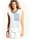 GUESS Women's Cap-Sleeve Flag-Print Muscle Tee, TRUE WHITE (LARGE)