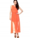 Simplicity Women Chiffon Dress with Classic Mesh Design Floral Accents Orange