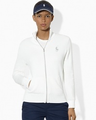 An elegant full-zip sweater is knit in soft cotton for a lighter weight, and finished with glistening metallic details.
